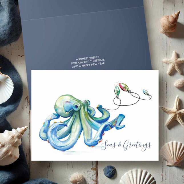 Cartes Pour Fêtes Annuelles Blue Octopus Watercolor Beach (Beach Christmas cards watercolor blue octopus and holiday lights by Victoria Grigaliunas)