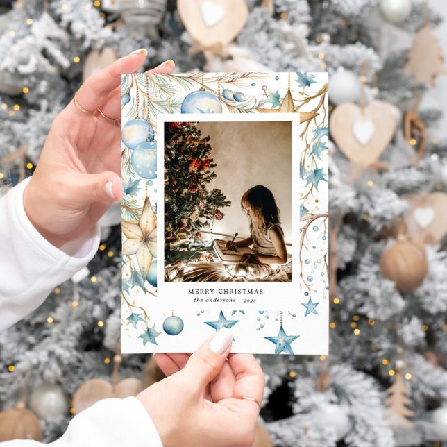 Cartes Pour Fêtes Annuelles Blue Ornamy Stars Photo Holiday Card (Créateur téléchargé)