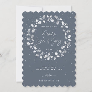Cartes Pour Fêtes Annuelles Blue Peace Love + Joy Hand Imprimé Holly Wreath