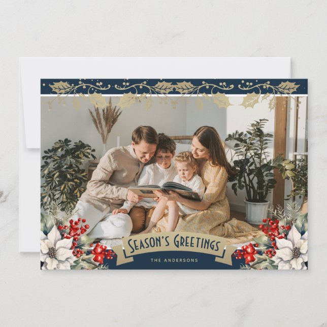 Cartes Pour Fêtes Annuelles Blue Photo Holly Snowflakes Season's Greetings (Devant)
