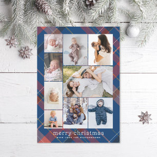 Cartes Pour Fêtes Annuelles Blue Plaid Retro Joyeux Noël Collage Photo