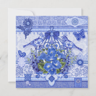 Cartes Pour Fêtes Annuelles Blue Porcelain Birds and Birdcage Card