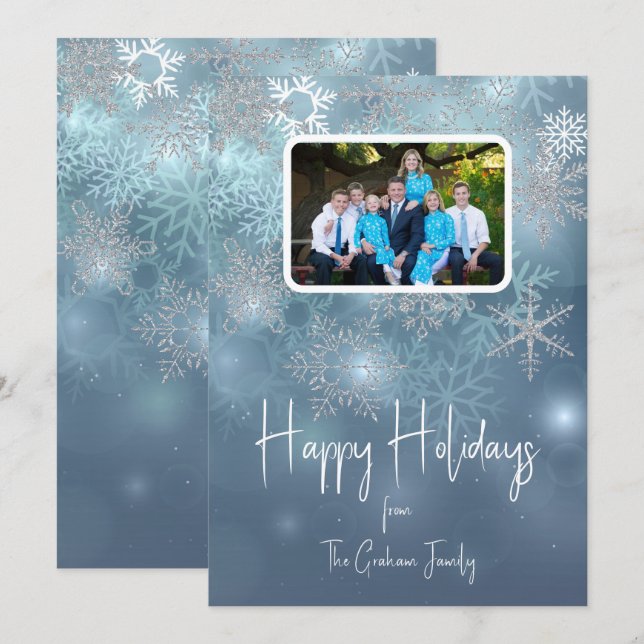 Cartes Pour Fêtes Annuelles Blue & Silver Snowflakes Modern Flat Holiday Card (Devant / Derrière)