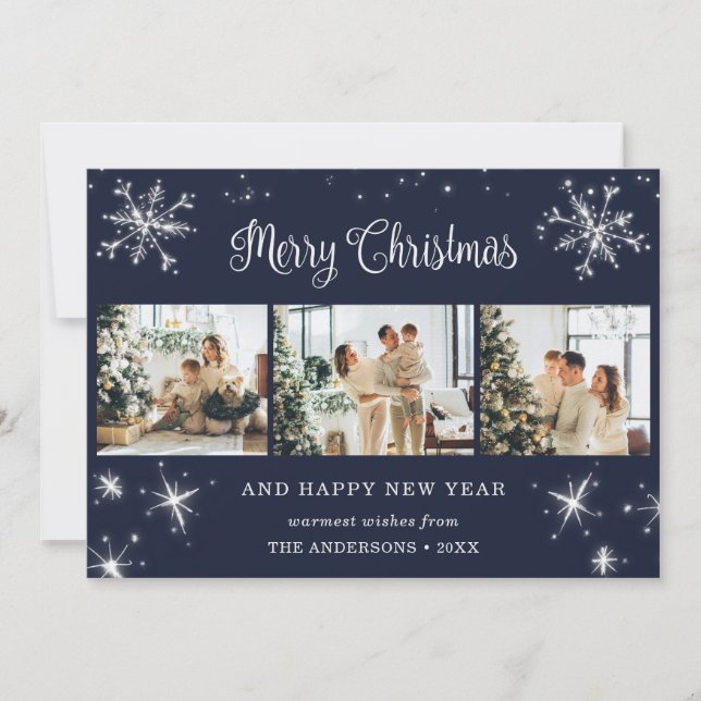 Cartes Pour Fêtes Annuelles Blue Silver Sparkly Snowflake Photo Collage (Devant)