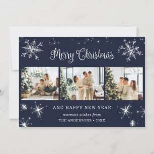 Cartes Pour Fêtes Annuelles Blue Silver Sparkly Snowflake Photo Collage