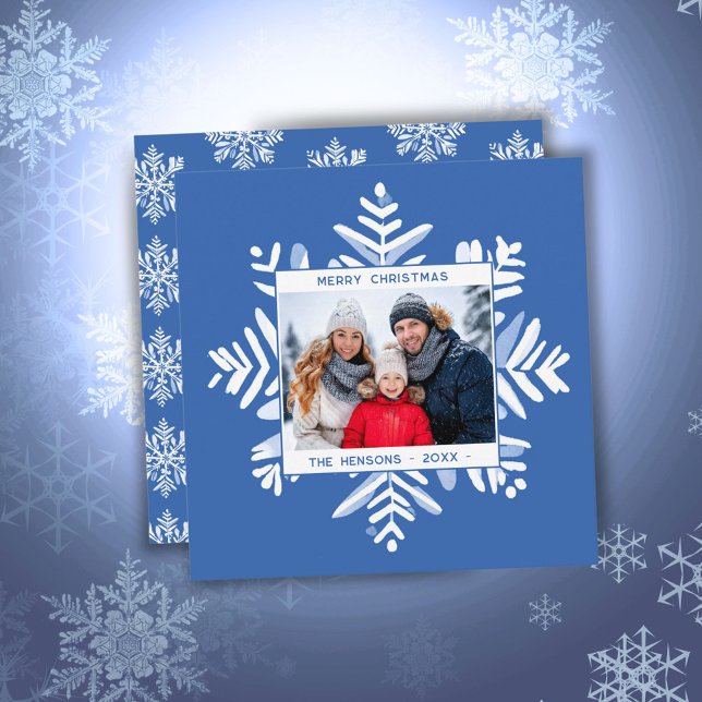 Cartes Pour Fêtes Annuelles Blue Snowflake Joyeux Noël Photo de famille (Créateur téléchargé)