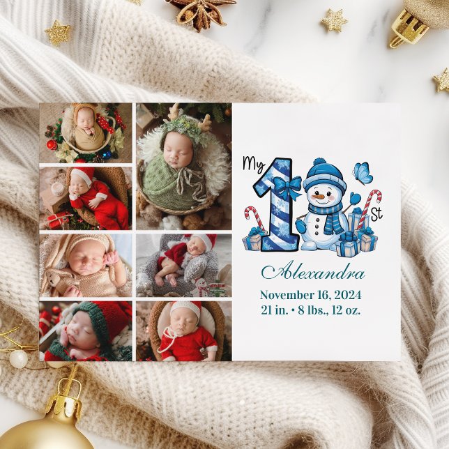 Cartes Pour Fêtes Annuelles Blue Snowman 7 Photo First Christmas (Créateur téléchargé)