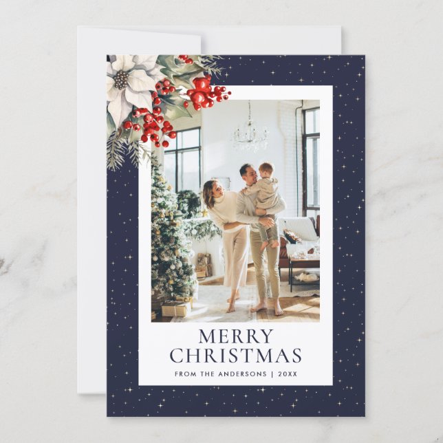 Cartes Pour Fêtes Annuelles Blue Starry Botanical Photo Merry Christmas (Devant)