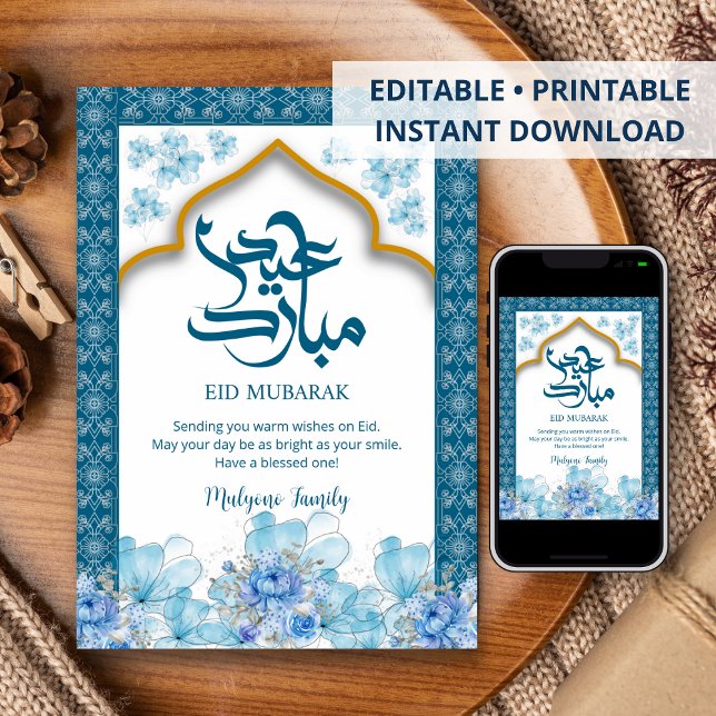 Cartes Pour Fêtes Annuelles Blue Watercolor Floral Eid Mubarak Card (Créateur téléchargé)