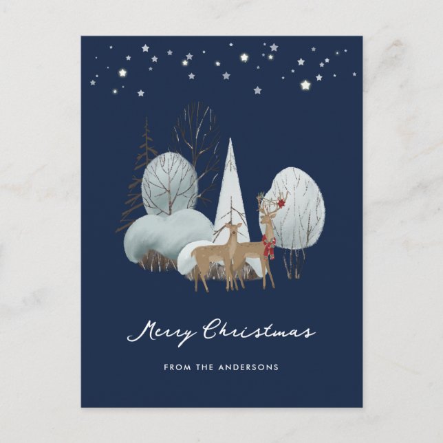Cartes Pour Fêtes Annuelles Blue Winter Scène Stars Forêt Cerf Noël (Devant)