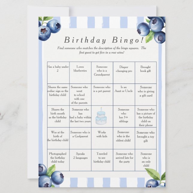 Cartes Pour Fêtes Annuelles Blueberry  Birthday Find Guest Bingo game card (Devant)