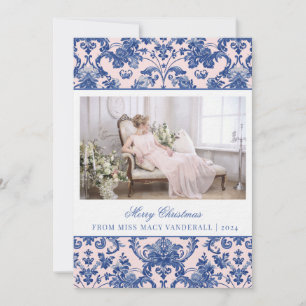 Cartes Pour Fêtes Annuelles Blush rose et bleu marine Grandmillennial Damask