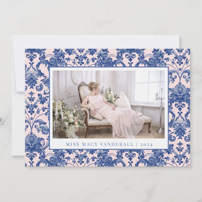 Cartes Pour Fêtes Annuelles Blush rose et bleu marine Grandmillennial Damask (Devant)