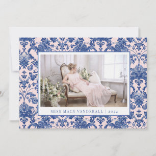 Cartes Pour Fêtes Annuelles Blush rose et bleu marine Grandmillennial Damask