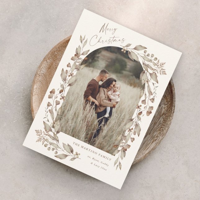 Cartes Pour Fêtes Annuelles Boho Arche de Fleur Sauvage Photo Noël (Boho wildflower foliage elegant arch photo christmas holiday card.)