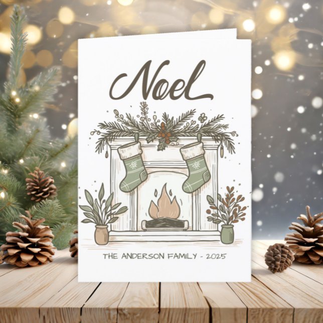 Cartes Pour Fêtes Annuelles Boho cheminée Bas tons rustiques ("Noel" fireplace Christmas greeting card)
