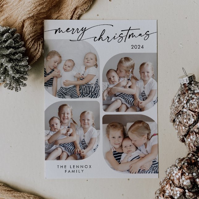 Cartes Pour Fêtes Annuelles Boho Chic Blanc Famille Multi Photo Noël (Créateur téléchargé)