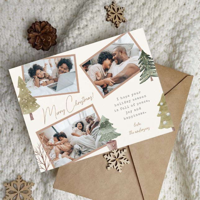 Cartes Pour Fêtes Annuelles Boho Chic Christmas 3 Photo Collage Pine Trees (Créateur téléchargé)