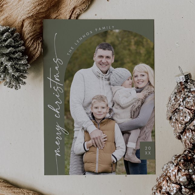Cartes Pour Fêtes Annuelles Boho Chic Olive Green Photo moderne Joyeux Noël (Créateur téléchargé)