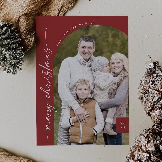 Cartes Pour Fêtes Annuelles Boho Chic Rouge Photo moderne Joyeux Noël (Créateur téléchargé)