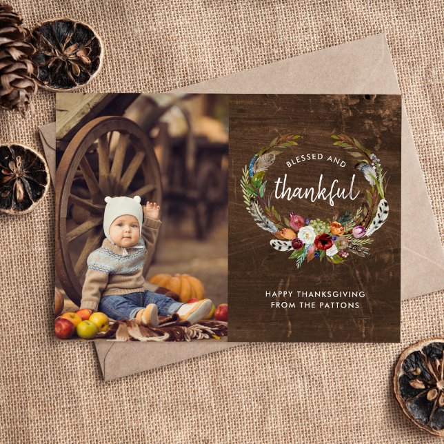 Cartes Pour Fêtes Annuelles Boho d'automne fleurit Thanksgiving Photo Flat (Créateur téléchargé)