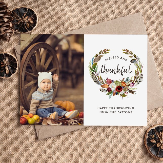 Cartes Pour Fêtes Annuelles Boho d'automne fleurit Thanksgiving Photo Flat (Créateur téléchargé)