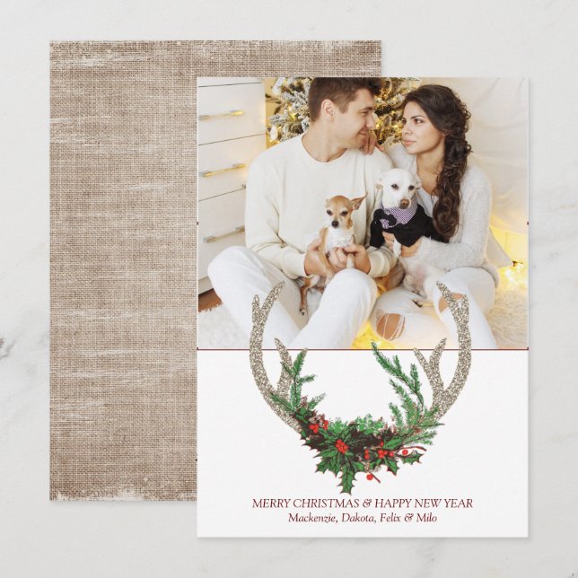 Cartes Pour Fêtes Annuelles Boho Deer Antlers | Rustic Christmas Floral Photo (Devant / Derrière)