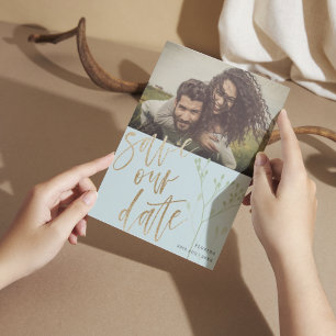 Cartes Pour Fêtes Annuelles Boho Dusty Blue Enregistrer Notre Date Faux Gold &