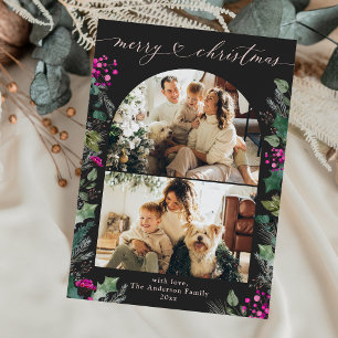 Cartes Pour Fêtes Annuelles Boho foncé Fuchsia Botaniques 2 Photo Noël