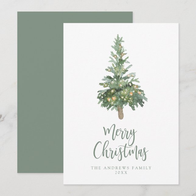 Cartes Pour Fêtes Annuelles Boho Green Noël Aquarelle Arbre non photo (Devant / Derrière)