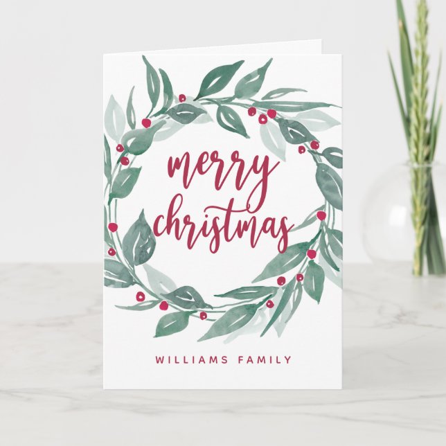Cartes Pour Fêtes Annuelles Boho Green Wreath Red Berries Joyeux Noël (Devant)