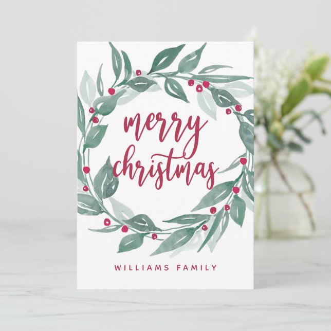 Cartes Pour Fêtes Annuelles Boho Green Wreath Red Berries Joyeux Noël (Debout devant)