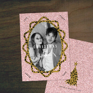 Cartes Pour Fêtes Annuelles Boho Guépard & Rose Pailleté Noël Photo Ovale