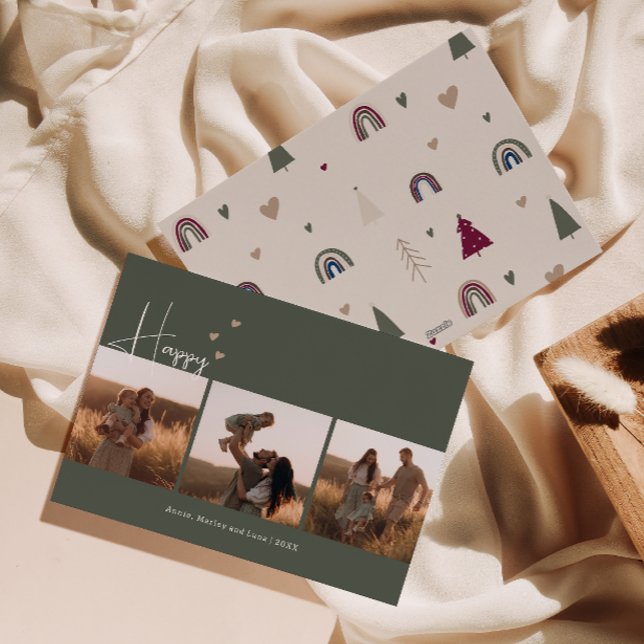 Cartes Pour Fêtes Annuelles Boho Hearts Happy Green Trois photos Noël (Créateur téléchargé)