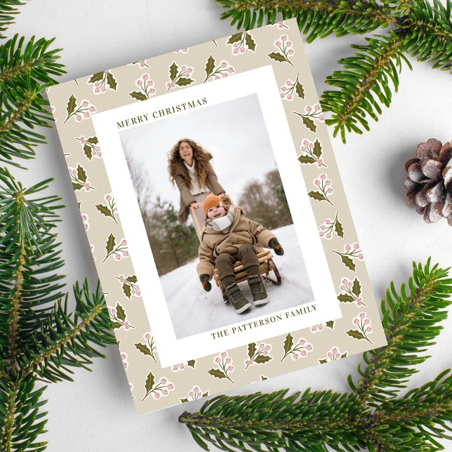 Cartes Pour Fêtes Annuelles Boho Neutral Berries de Noël Photo Noël (Créateur téléchargé)