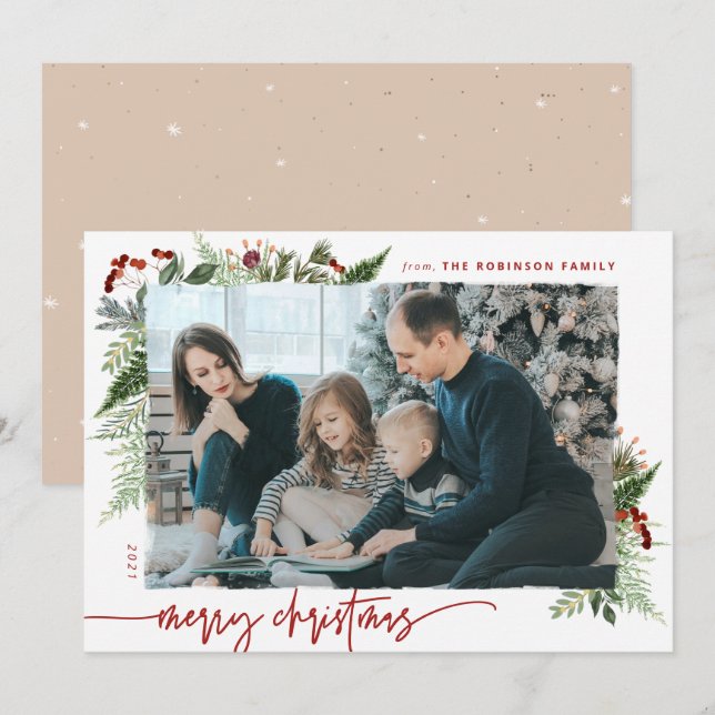 Cartes Pour Fêtes Annuelles Boho Neutral Bourgogne Rouge Joyeux Noël Photo (Devant / Derrière)