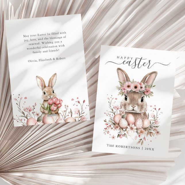Cartes Pour Fêtes Annuelles Boho Pâques Joli Lapin Blush Oeufs Floraux (Boho Easter Pretty Bunny Blush Floral Eggs Holiday Card on a sunny neutral dry palm leaf.)