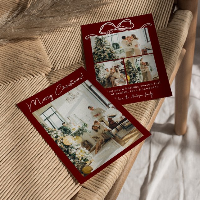 Cartes Pour Fêtes Annuelles Boho Red Maroon Photo Ribbon Noël élégant (Créateur téléchargé)