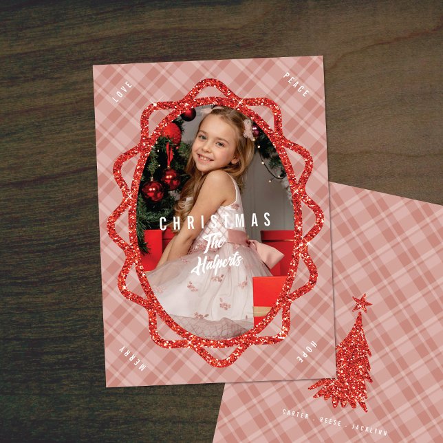 Cartes Pour Fêtes Annuelles Boho Red Parties scintillant & Plaid Oval Photo No (Créateur téléchargé)