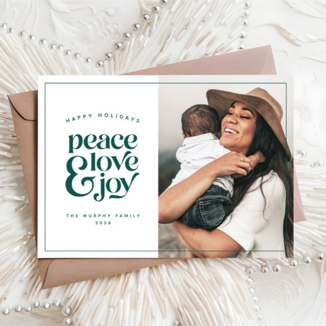 Cartes Pour Fêtes Annuelles Boho Retro Peace Love Joy Photo Christmas Card (Créateur téléchargé)