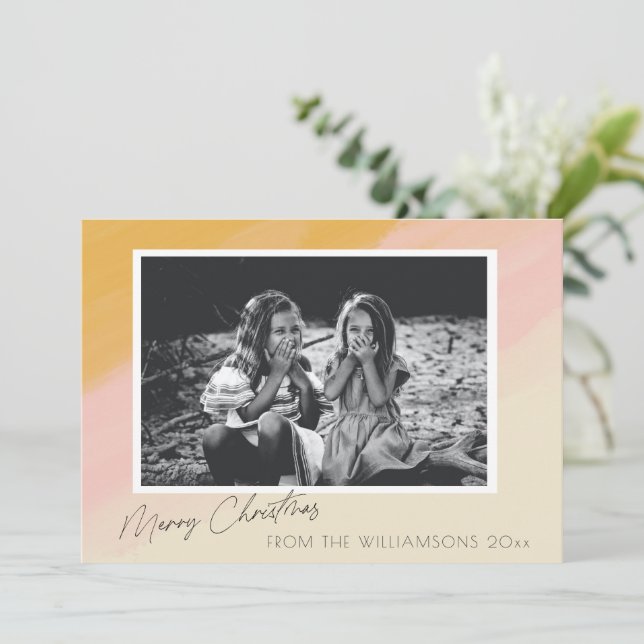 Cartes Pour Fêtes Annuelles Boho rose jaune aquarelle Noël Photo personnalisée (Debout devant)
