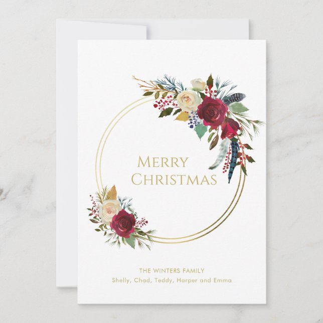 Cartes Pour Fêtes Annuelles Boho Rouge Floral Géométrique Noël Or (Devant)