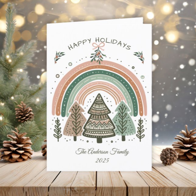 Cartes Pour Fêtes Annuelles Boho rustique Terracotta Arbres Arc-en-ciel Noël (Scandinavian rainbow and pine trees Christmas greeting card)