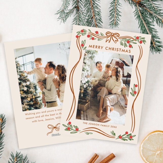 Cartes Pour Fêtes Annuelles Boho Whimsical Beige Christmas Bow Ribbon 2 Photo (Créateur téléchargé)