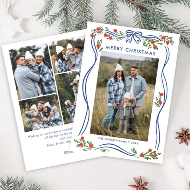 Cartes Pour Fêtes Annuelles Boho Whimsical Blue Christmas Bow Ribbon 5 Photo (Créateur téléchargé)