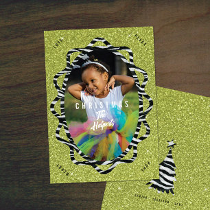 Cartes Pour Fêtes Annuelles Boho Zèbre & Vert Paillettes Ovale Photo Noël