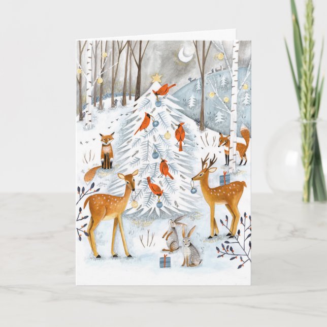 Cartes Pour Fêtes Annuelles Bois bleu & blanc Arbre et animaux Forêt (Devant)