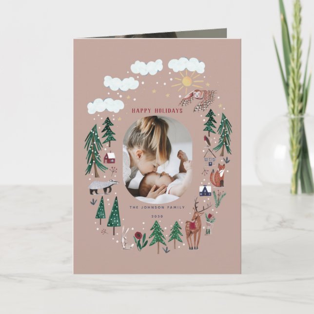 Cartes Pour Fêtes Annuelles Bois mignon animaux nordiques neige Noël (Devant)