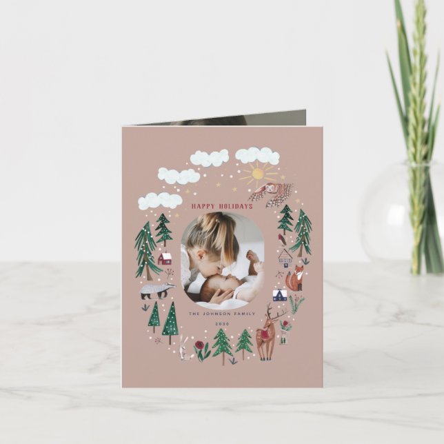 Cartes Pour Fêtes Annuelles Bois mignon animaux nordiques neige Noël (Devant)