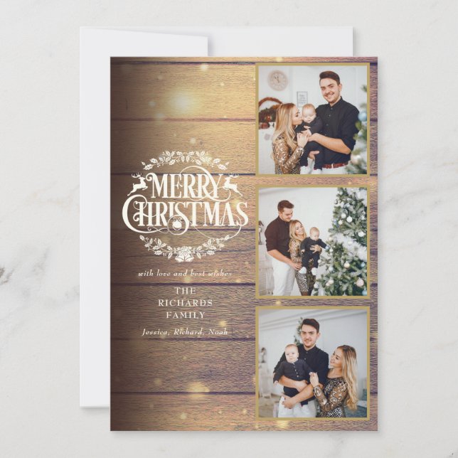 Cartes Pour Fêtes Annuelles Bois Rustique 3 Collage Photo Joyeux Noël (Devant)